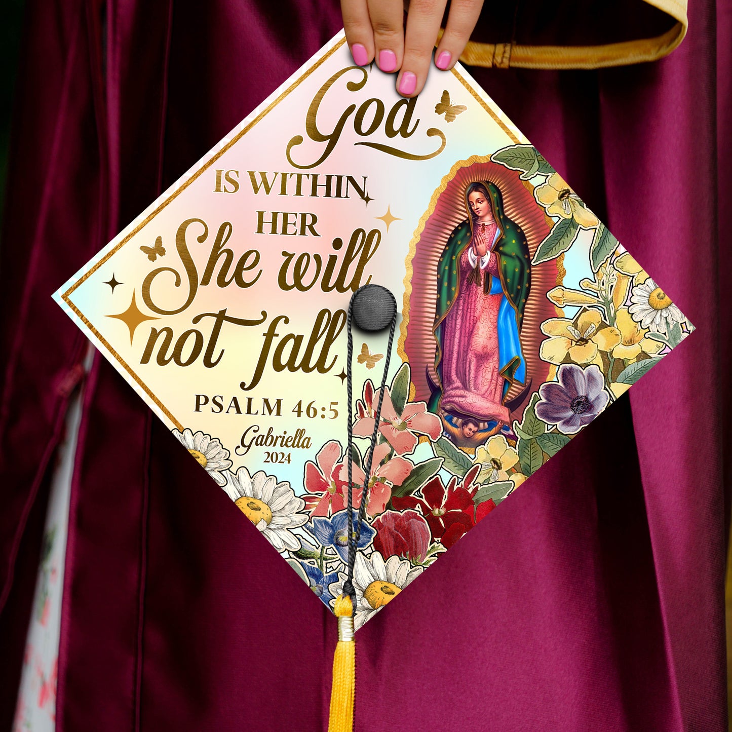 God Is Within Her She Will Not Fall Psalm 46 5 Cap Decoration, Latin Grad Cap Topper