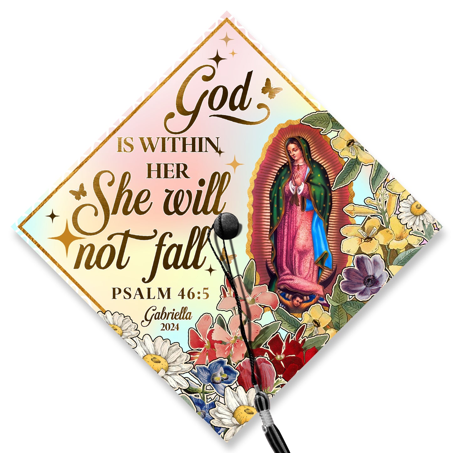 God Is Within Her She Will Not Fall Psalm 46 5 Cap Decoration, Latin Grad Cap Topper