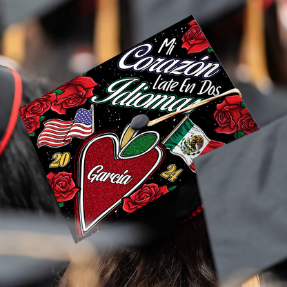 Bilingual Teacher Graduation Cap Topper, Mi Corazon Late en Dos Idiomas Grad Cap Topper, Personalized Graduation Decoration