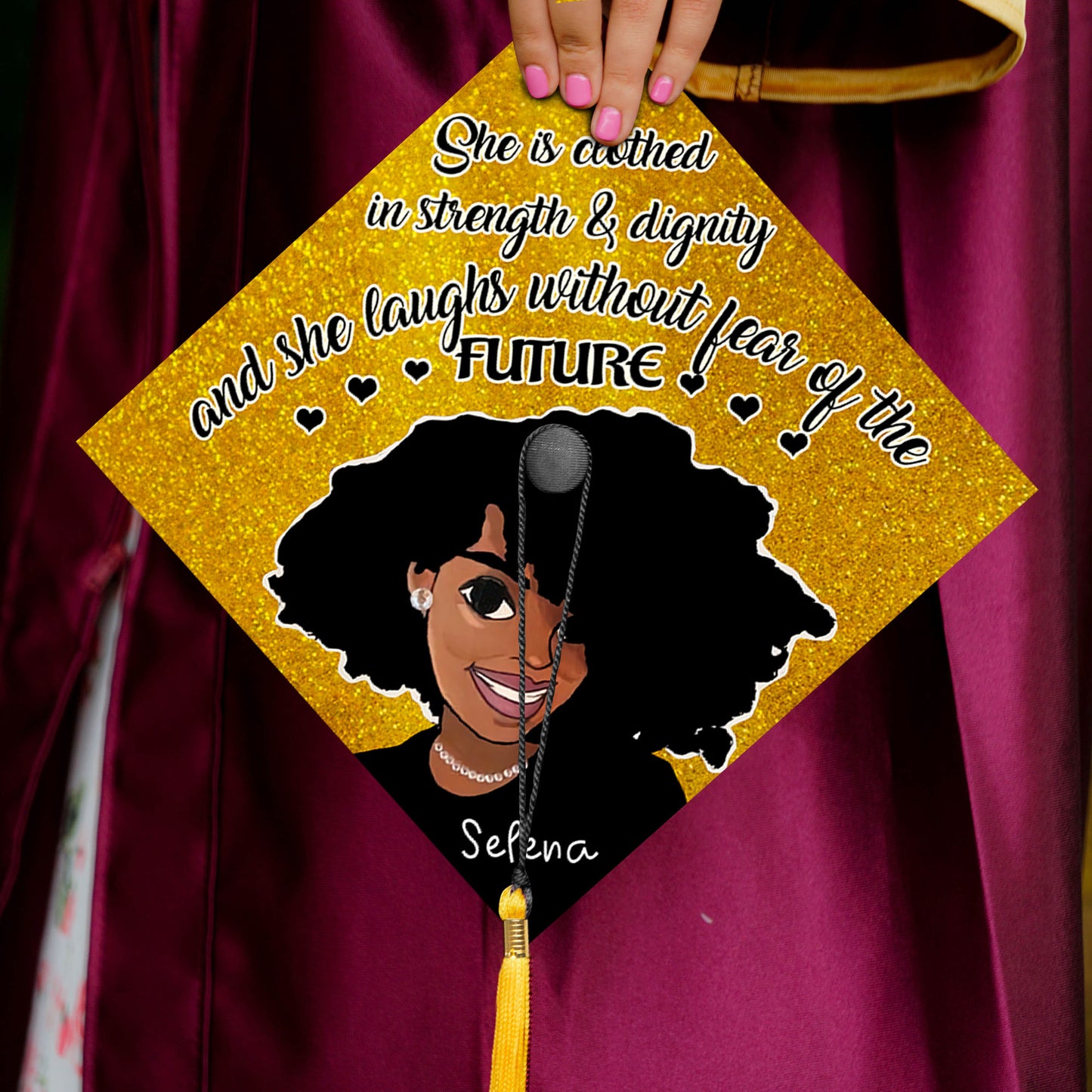 She Is Clothed In Strength And Dignity Printed Graduation Cap Topper, Black Queen Grad Cap, Motivated Graduation Decoration, Class of 2024