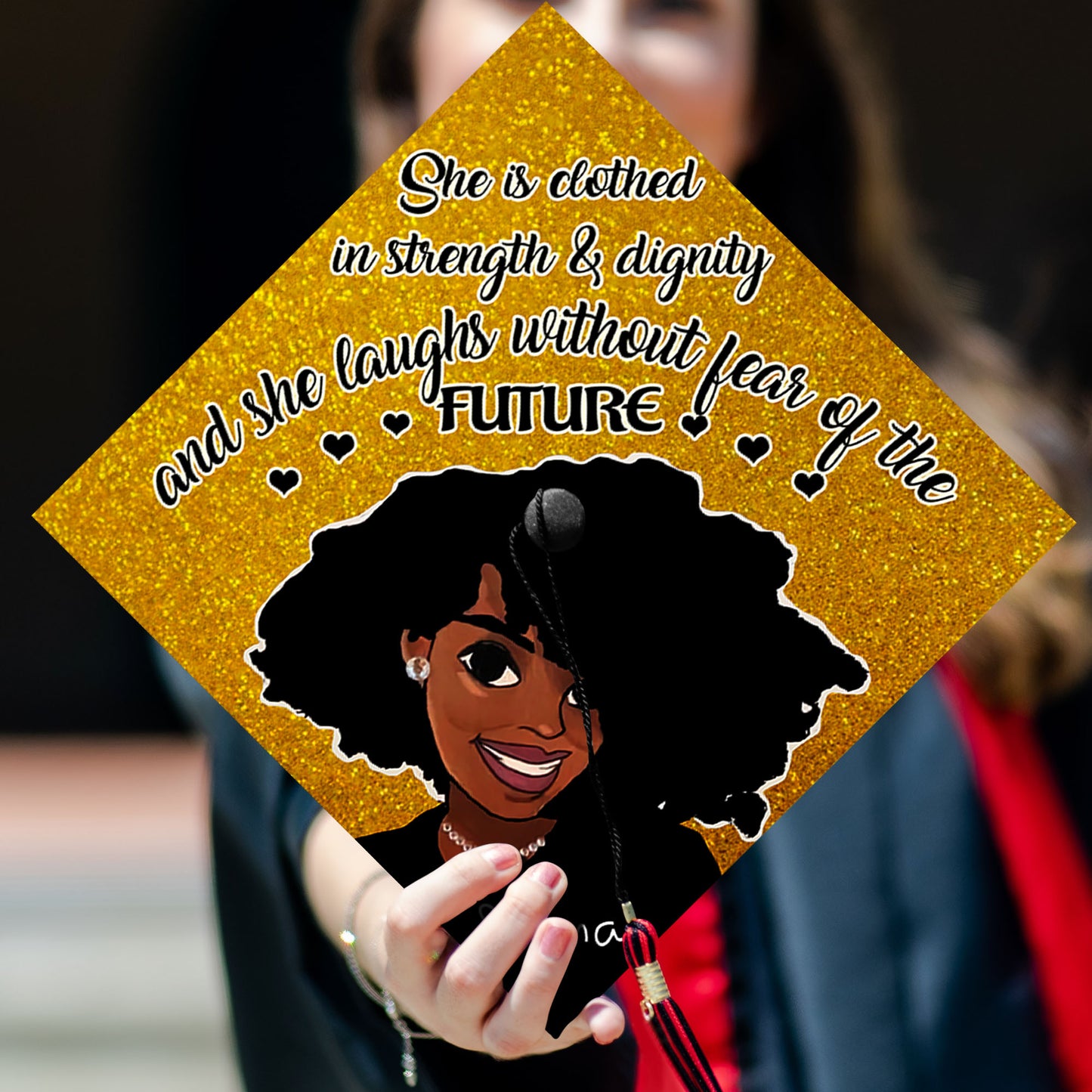 She Is Clothed In Strength And Dignity Printed Graduation Cap Topper, Black Queen Grad Cap, Motivated Graduation Decoration, Class of 2024