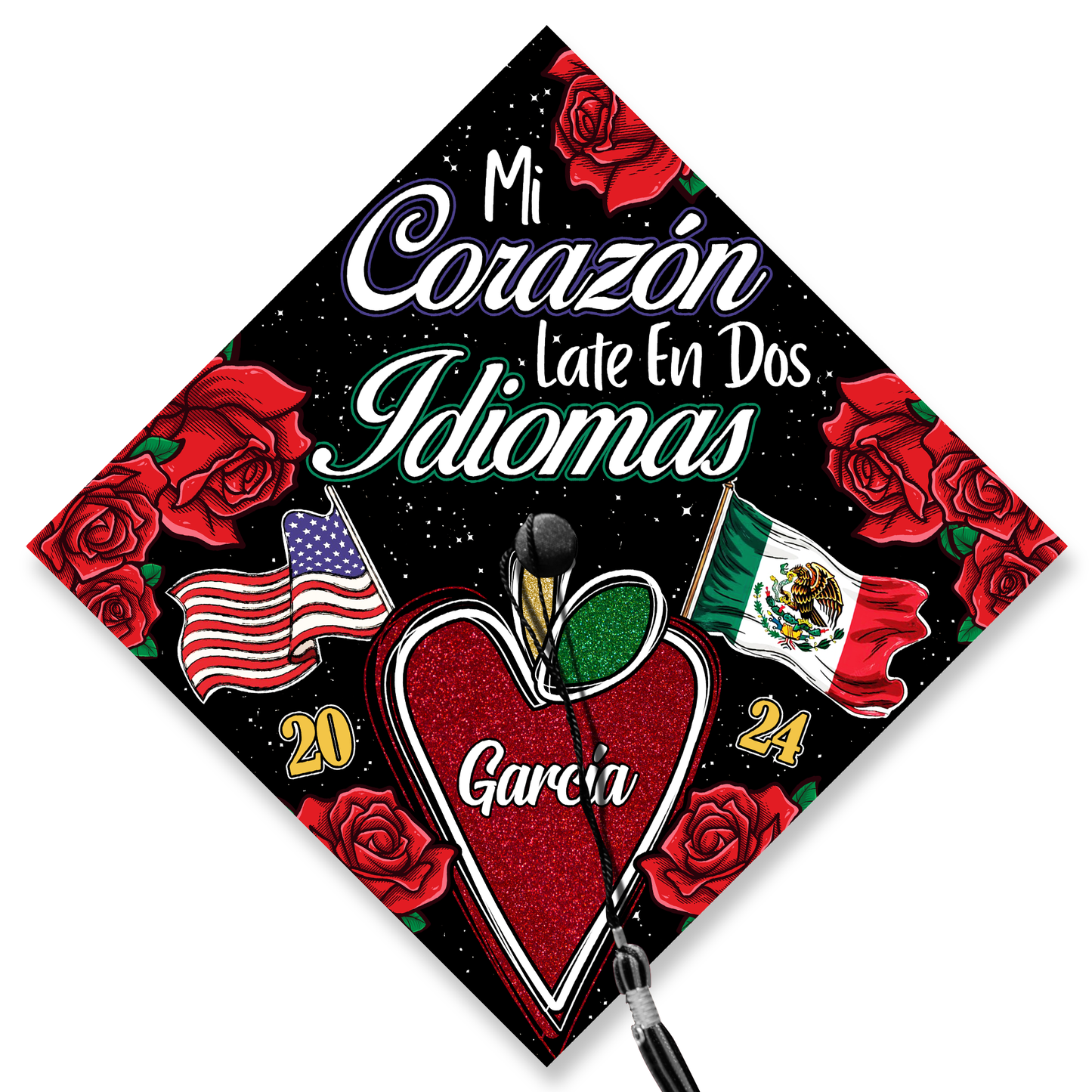 Bilingual Teacher Graduation Cap Topper, Mi Corazon Late en Dos Idiomas Grad Cap Topper, Personalized Graduation Decoration