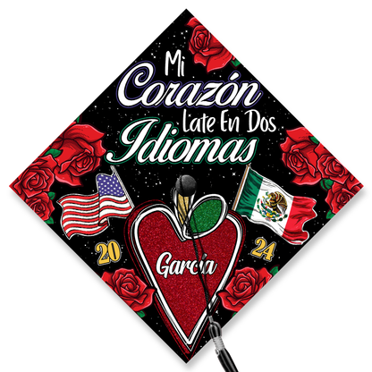 Bilingual Teacher Graduation Cap Topper, Mi Corazon Late en Dos Idiomas Grad Cap Topper, Personalized Graduation Decoration