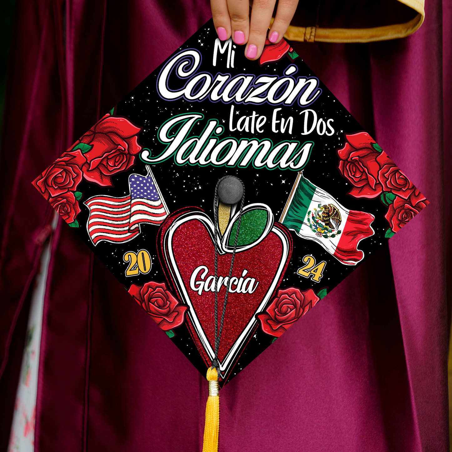 Bilingual Teacher Graduation Cap Topper, Mi Corazon Late en Dos Idiomas Grad Cap Topper, Personalized Graduation Decoration