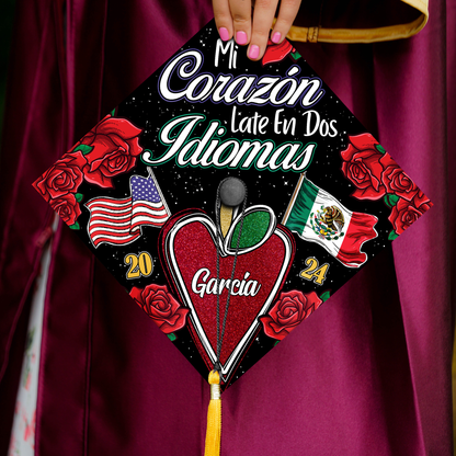 Bilingual Teacher Graduation Cap Topper, Mi Corazon Late en Dos Idiomas Grad Cap Topper, Personalized Graduation Decoration