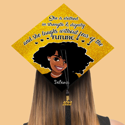 She Is Clothed In Strength And Dignity Printed Graduation Cap Topper, Black Queen Grad Cap, Motivated Graduation Decoration, Class of 2024