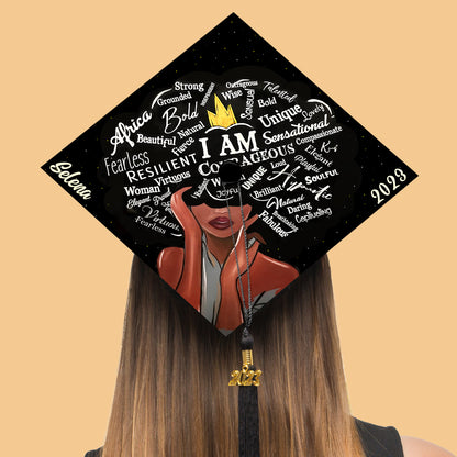 I Am Courageous Strong Unique Girl Graduation Cap Topper, Black Queen Grad Cap Topper, Class of 2024