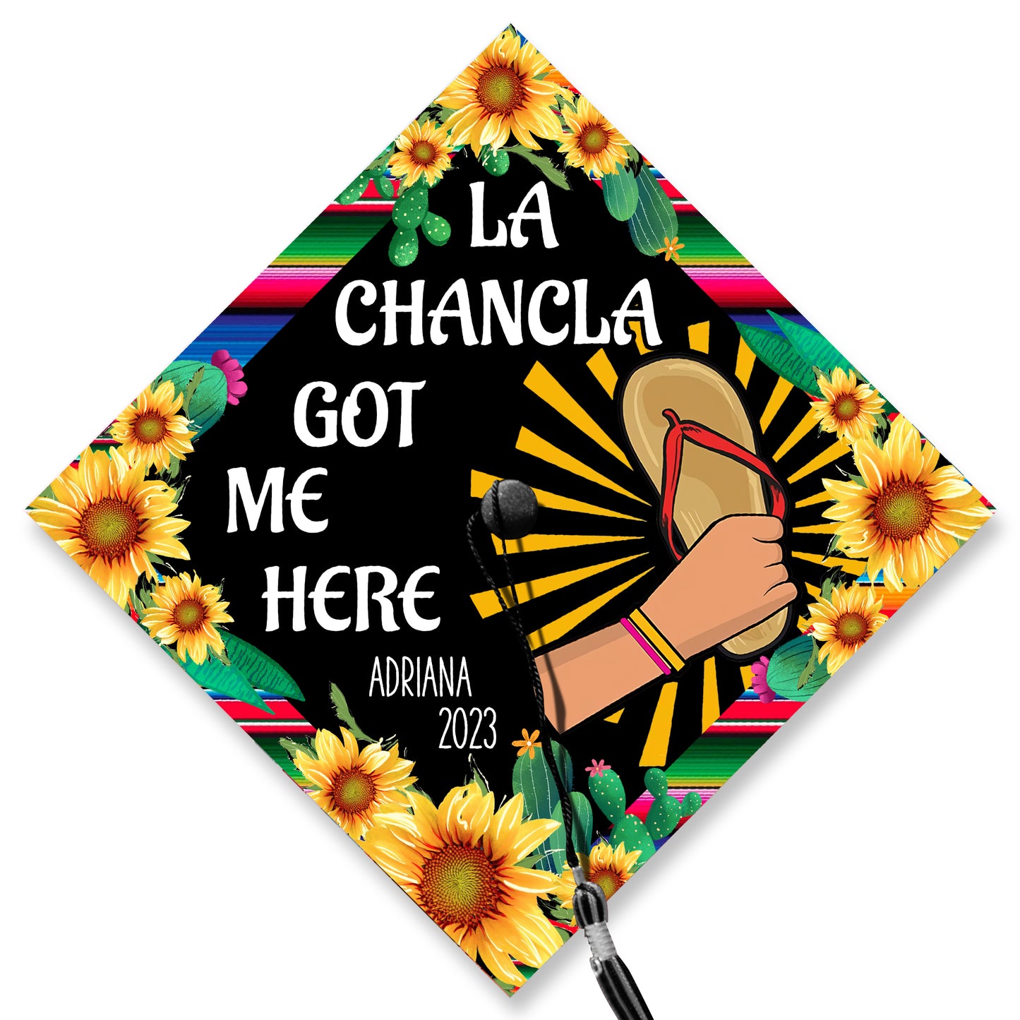 La Chancla Got Me Here Printed Grad Cap Topper, Latin Graduation Decoration, Class of 2024