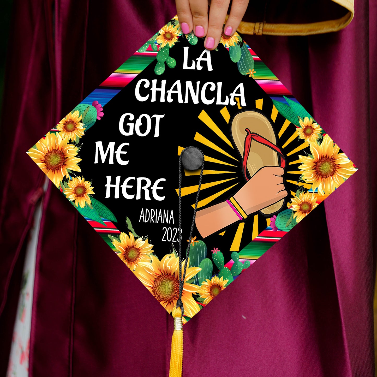 La Chancla Got Me Here Printed Grad Cap Topper, Latin Graduation Decoration, Class of 2024