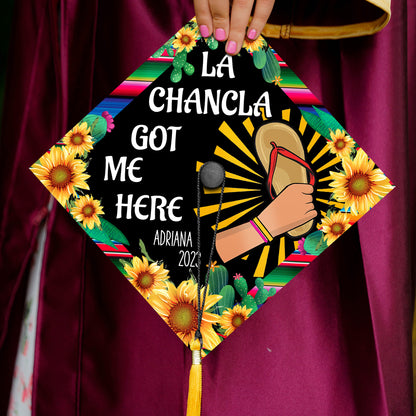 La Chancla Got Me Here Printed Grad Cap Topper, Latin Graduation Decoration, Class of 2024