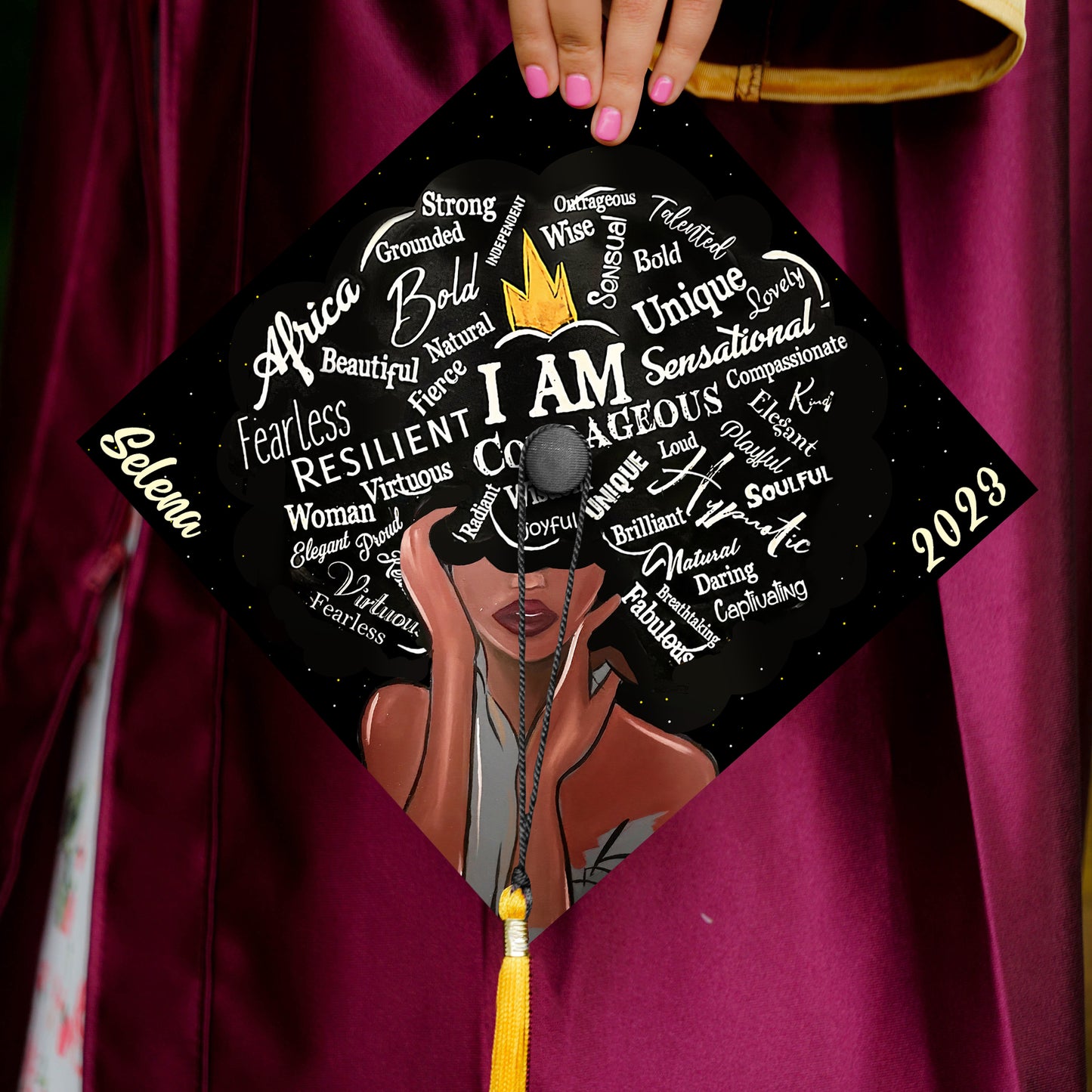 I Am Courageous Strong Unique Girl Graduation Cap Topper, Black Queen Grad Cap Topper, Class of 2024