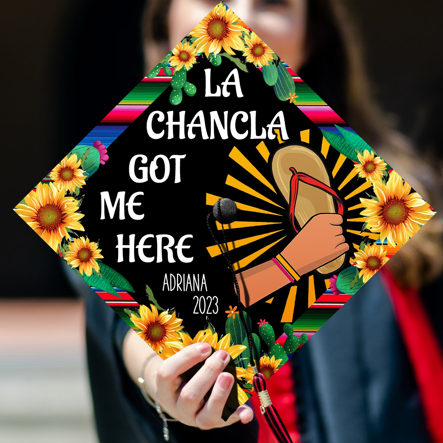 La Chancla Got Me Here Printed Grad Cap Topper, Latin Graduation Decoration, Class of 2024