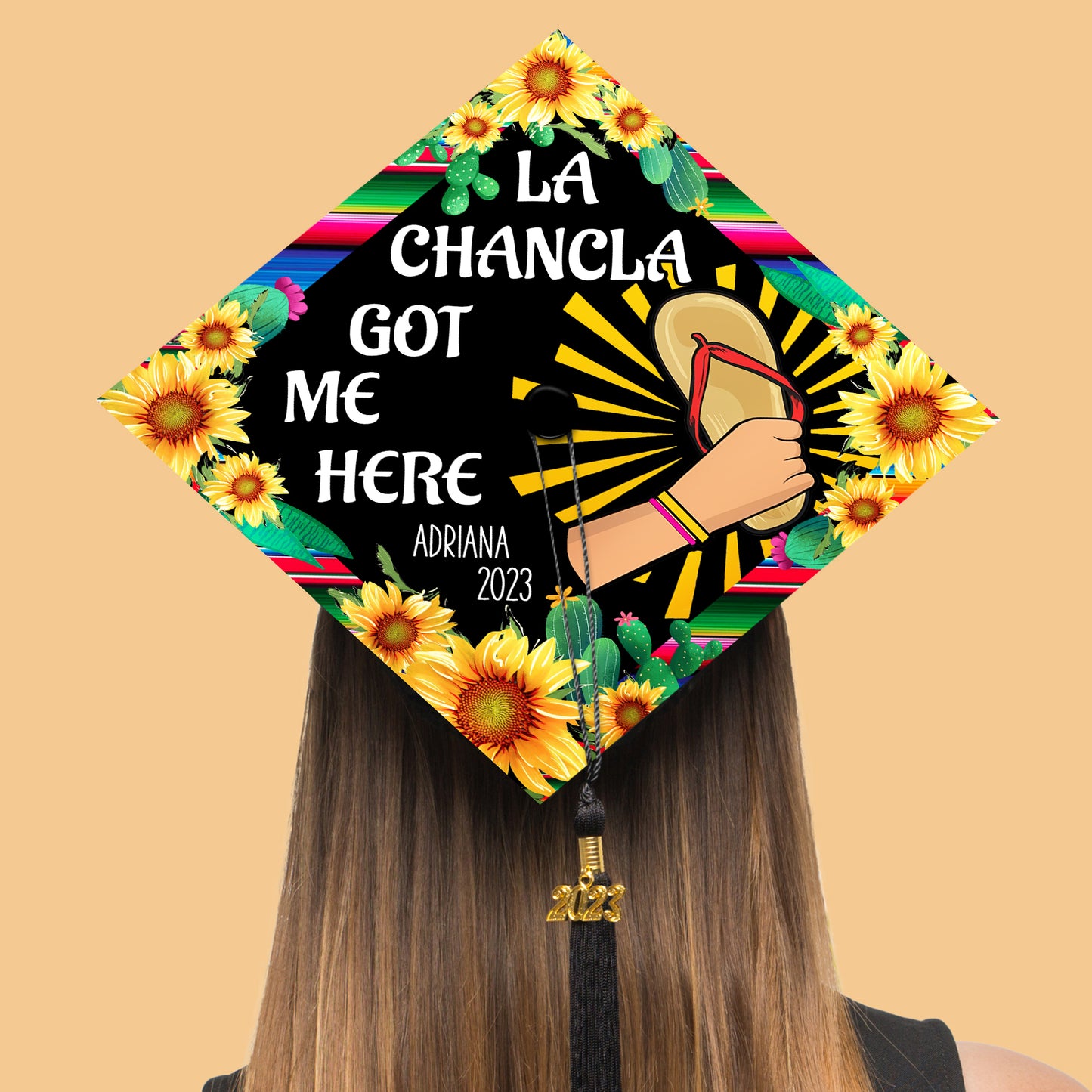 La Chancla Got Me Here Printed Grad Cap Topper, Latin Graduation Decoration, Class of 2024