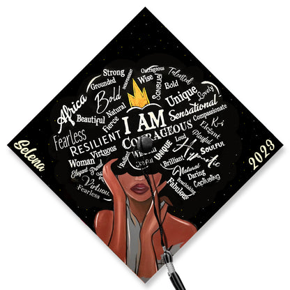 I Am Courageous Strong Unique Girl Graduation Cap Topper, Black Queen Grad Cap Topper, Class of 2024