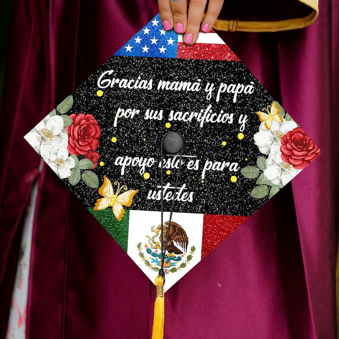 Gracias Mama Y Papa Graduation Cap Decoration, Gifts for Mexican, Class of 2024