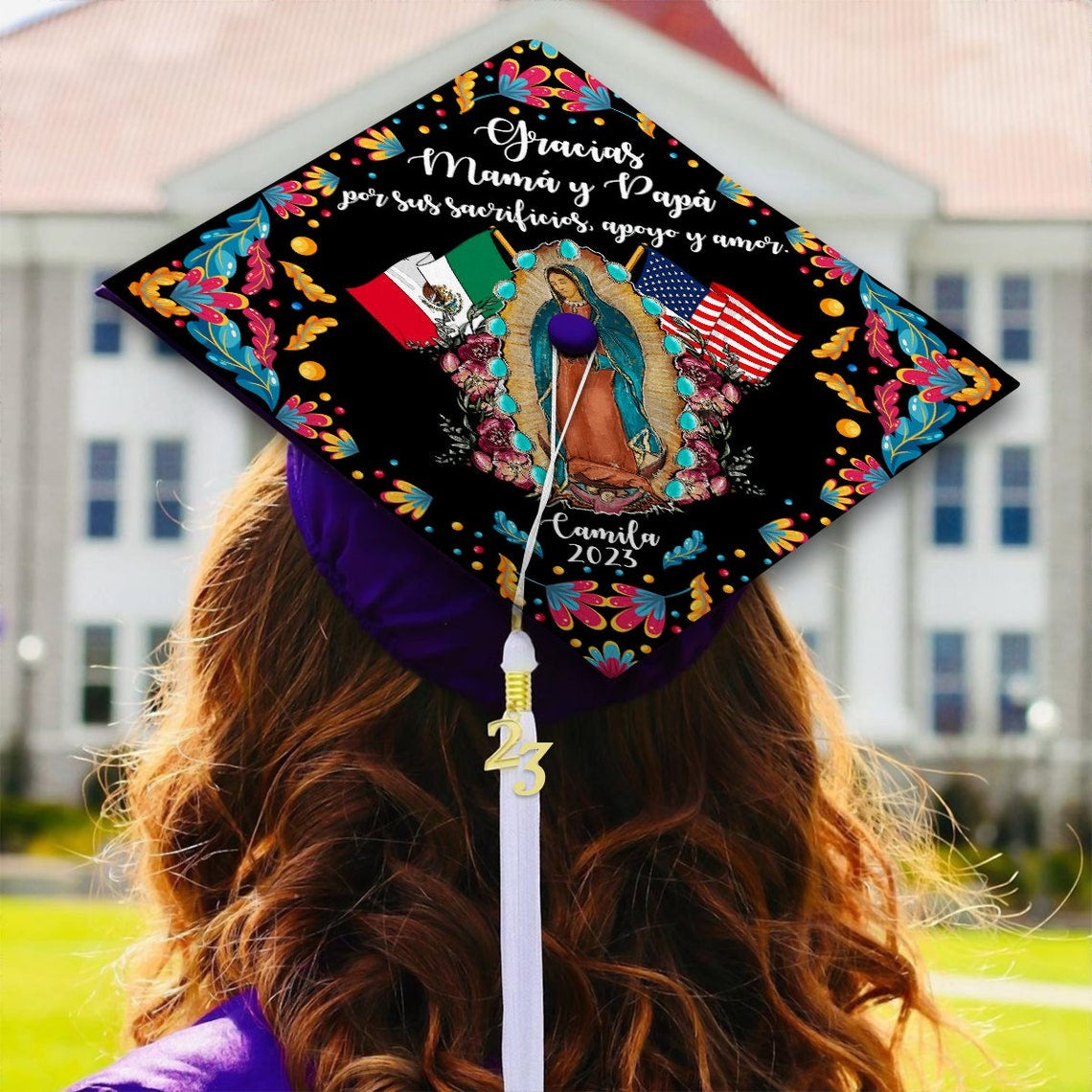 Gracias Mamá y Papá Guadalupe Grad Cap Topper, Gifts for Latina, Class of 2024