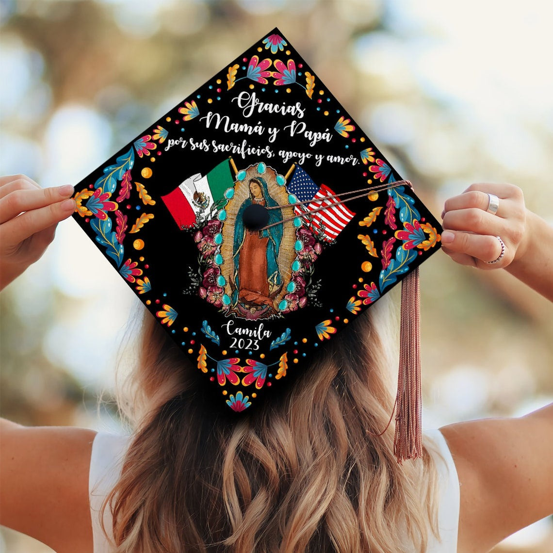 Gracias Mamá y Papá Guadalupe Grad Cap Topper, Gifts for Latina, Class of 2024