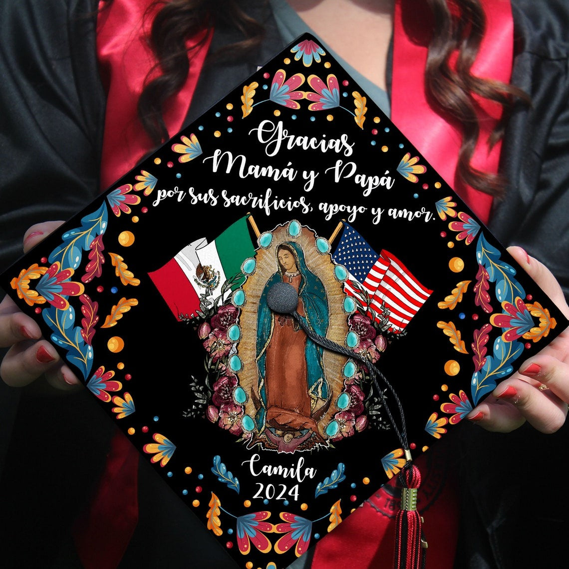 Gracias Mamá y Papá Guadalupe Grad Cap Topper, Gifts for Latina, Class of 2024