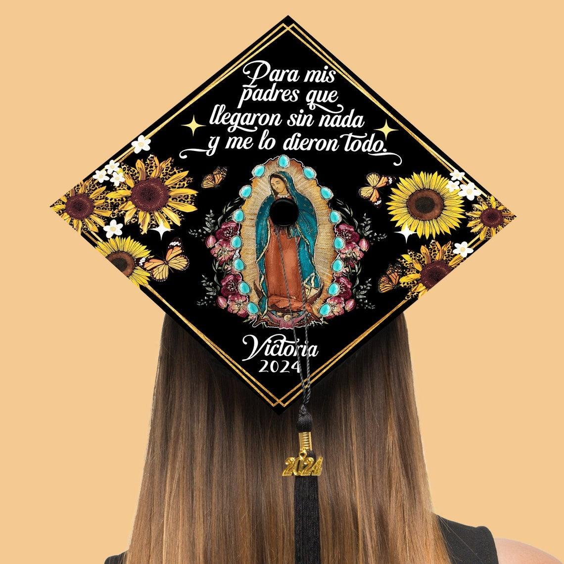 Personalized Mis Padres Virgen Guadalupe Grad Cap Topper, Gifts for Latina, Class of 2024 - SP10799PGMNTT