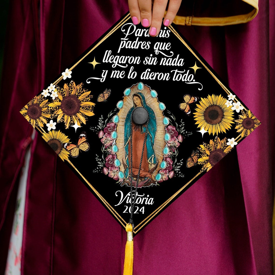 Personalized Mis Padres Virgen Guadalupe Grad Cap Topper, Gifts for Latina, Class of 2024 - SP10799PGMNTT