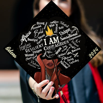 I Am Courageous Strong Unique Girl Graduation Cap Topper, Black Queen Grad Cap Topper, Class of 2024